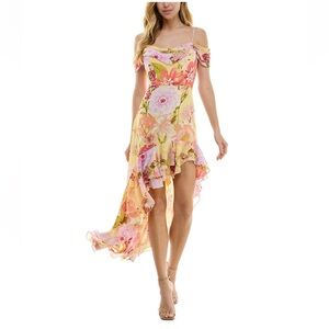 City Studio Yellow and Pink Asymmetrical Dress Drape-Neck Cold-Shoulder Dress